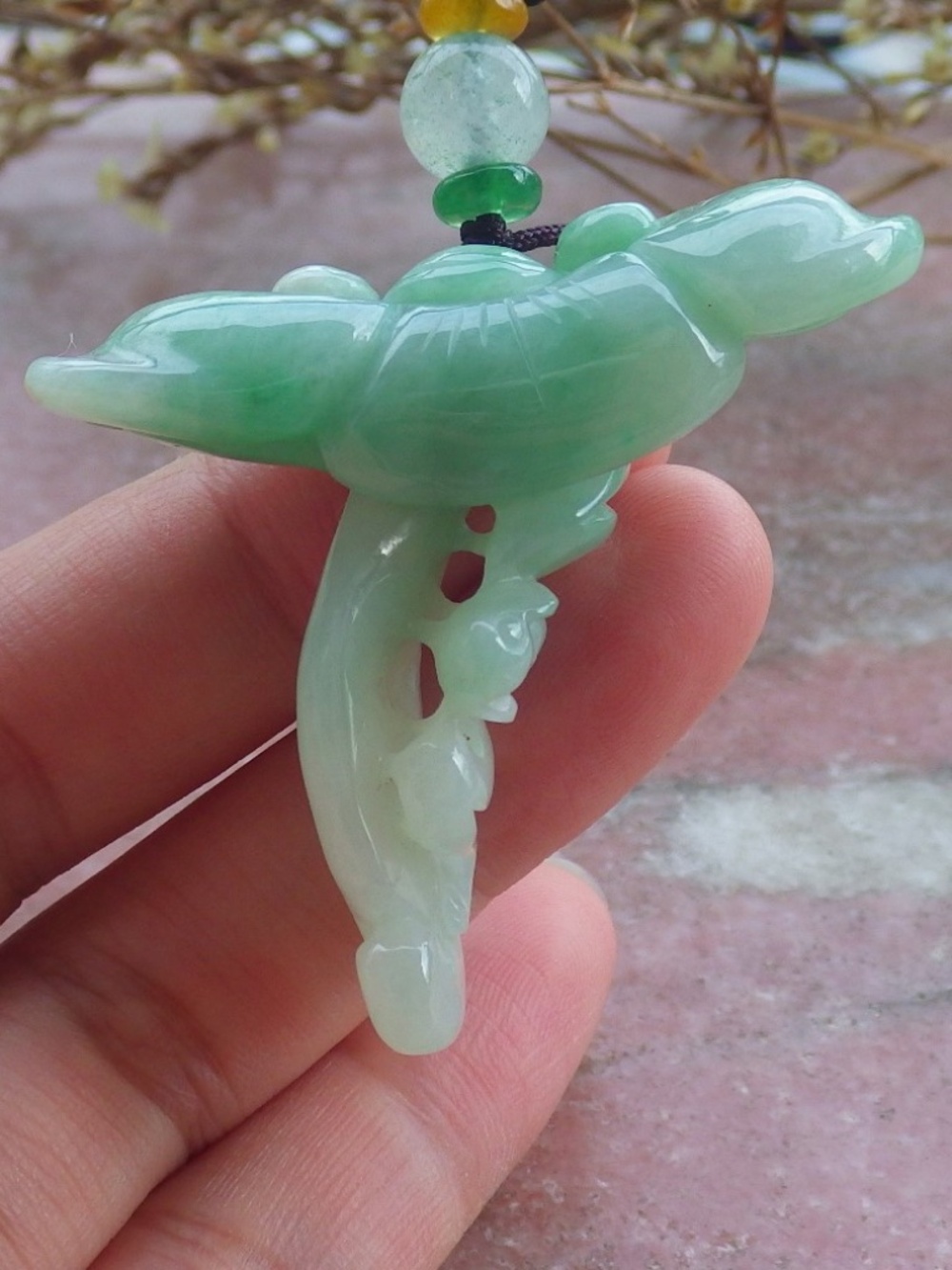 Certified Natural Burma A Jade jadeite Bat Lotus Ruyi Pendant Necklace
